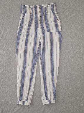 Indigo Rein Blue & Cream Striped High-Waist Button-Front Joggers Size Small